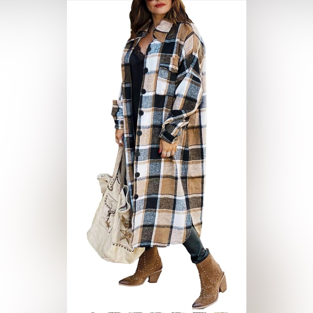 Women’s Medium Plaid Khaki Flannel Button Down Long Jacket